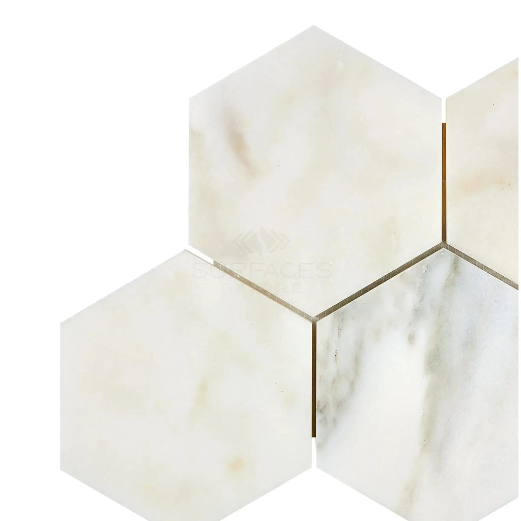 Calacatta Oliva Marble 6’’ Hexagon Mosaic Tile in polished and honed finishes