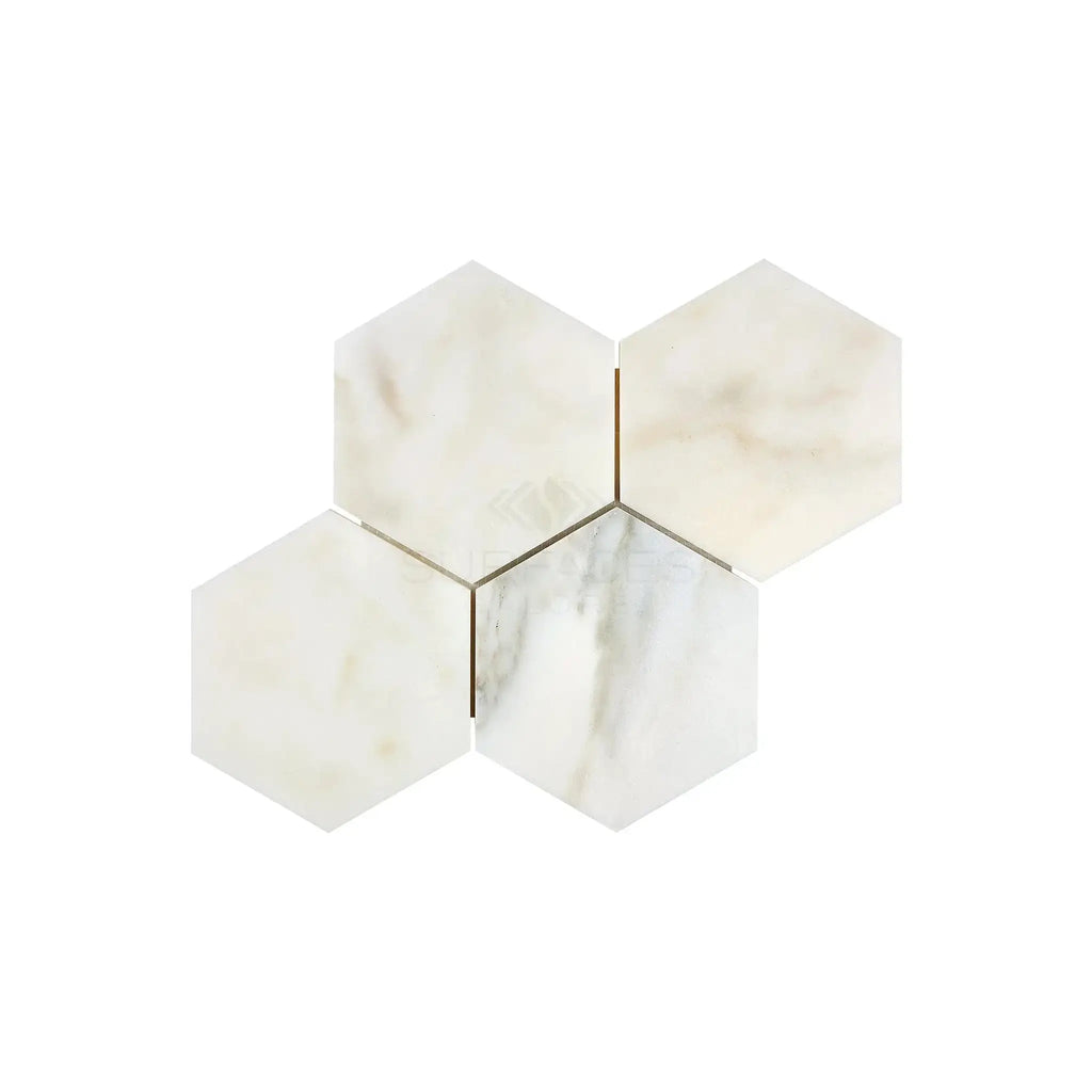 Calacatta Oliva Marble 6 inch Hexagon Mosaic Tile in polished or honed finish