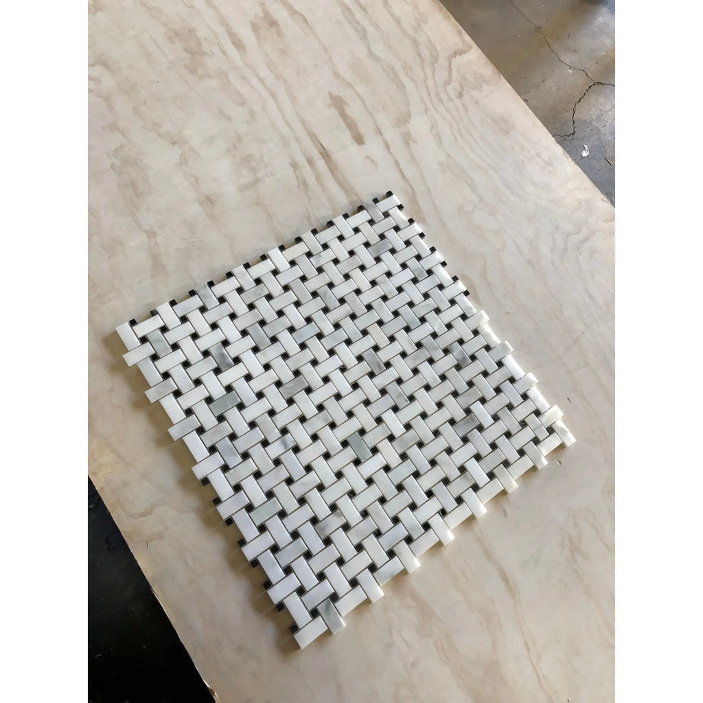 Woven white and gray marble tile from Calacatta Oliva Marble Basketweave collection