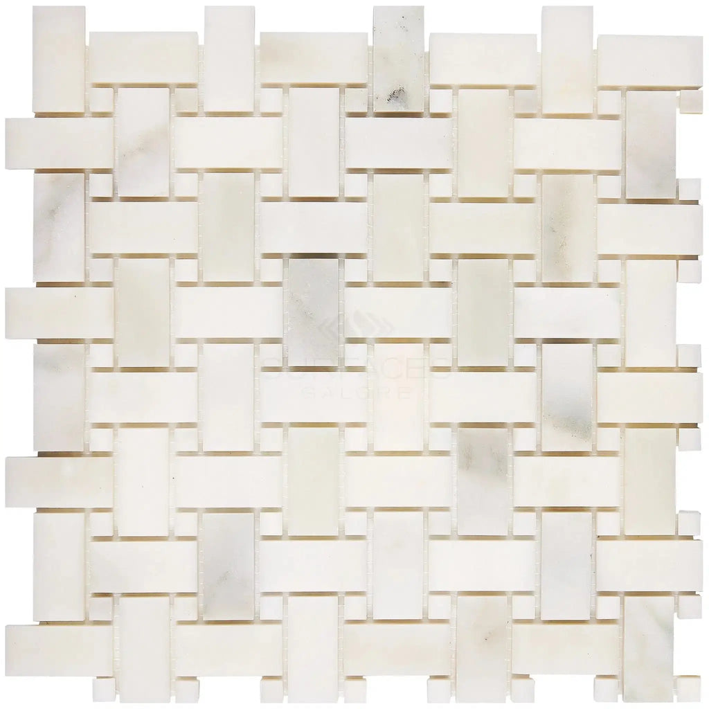 Calacatta Oliva Marble Basketweave Mosaic Tile in White Polished or Honed Finish