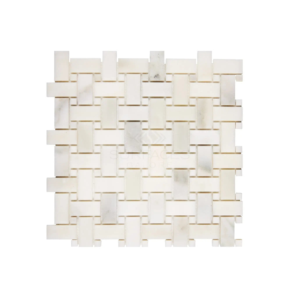 Woven white marble mosaic tile in Calacatta Oliva Marble Basketweave polished or honed