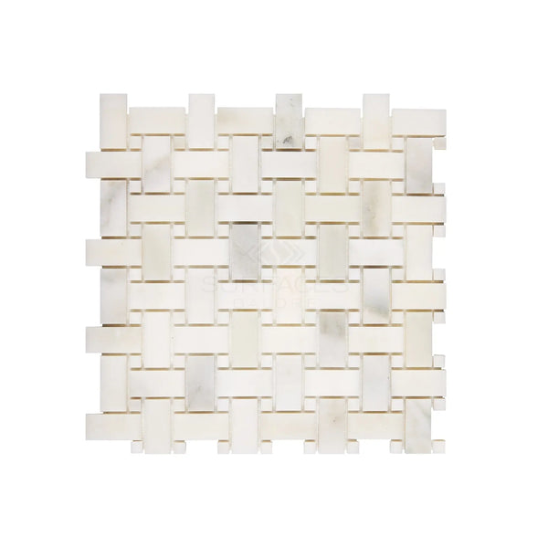 Woven white marble mosaic tile in Calacatta Oliva Marble Basketweave polished or honed