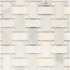 Woven white marble tile pattern in Calacatta Oliva Marble Basketweave design