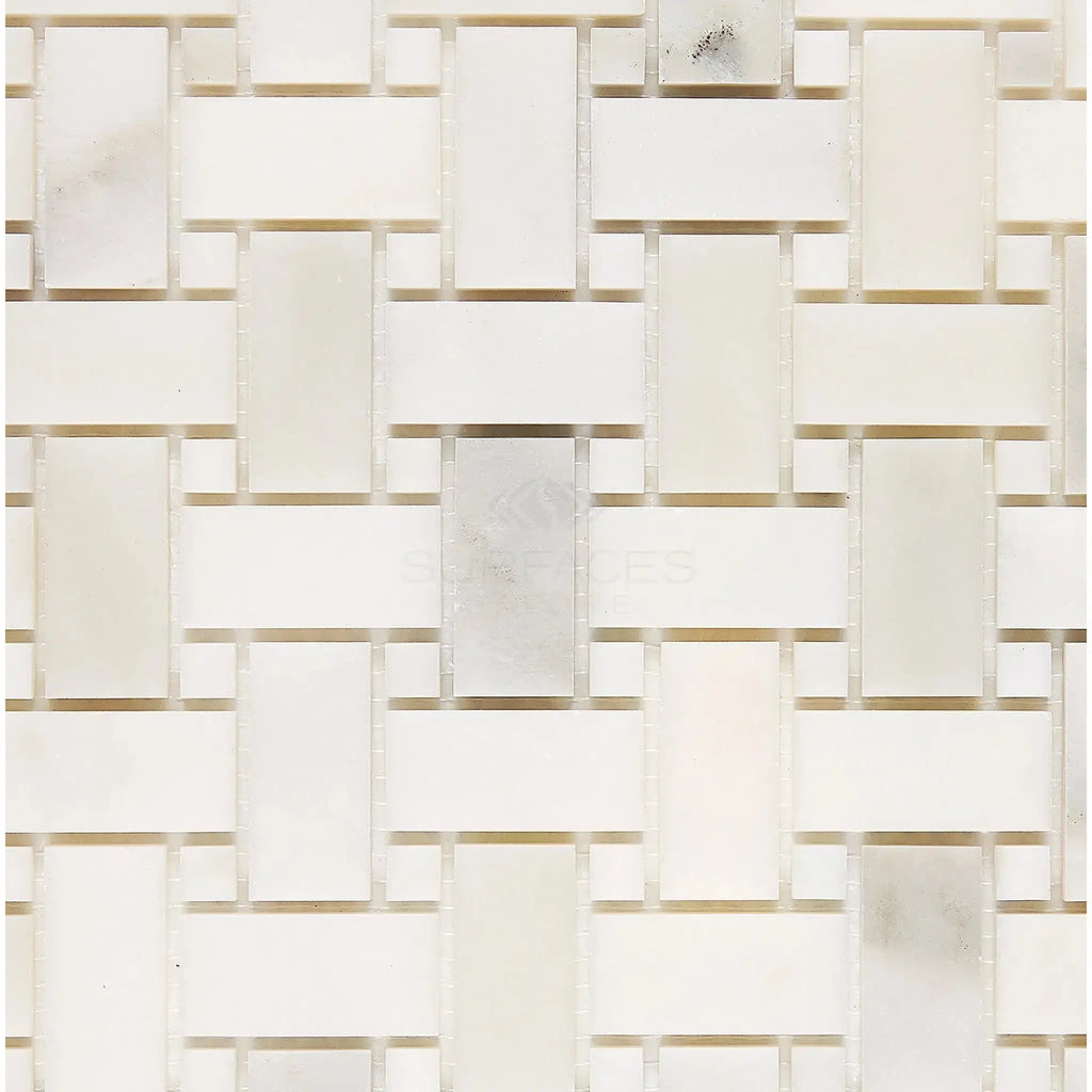 Woven white marble tile pattern in Calacatta Oliva Marble Basketweave design