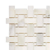 Woven rectangular marble tiles in Calacatta Oliva Basketweave and Mosaic design