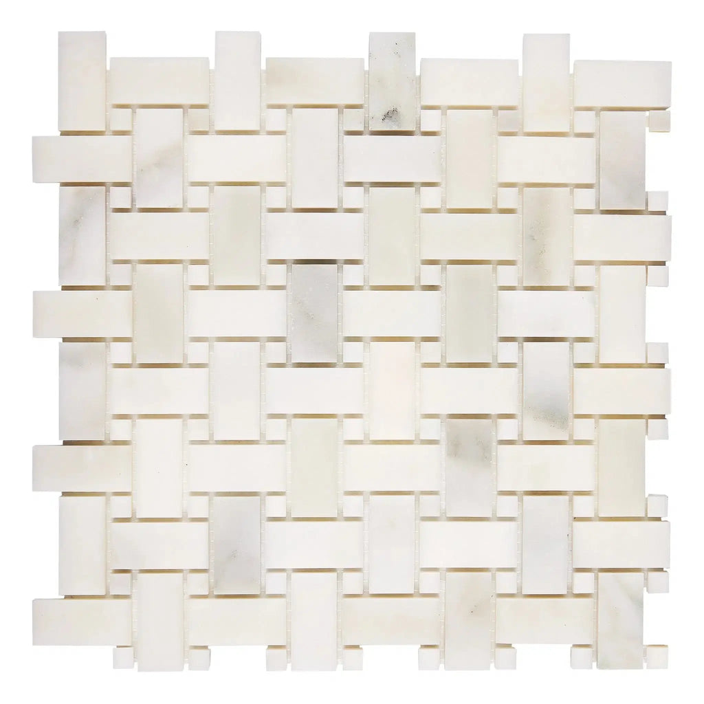 Woven white marble tile showcasing Calacatta Oliva in polished or honed finish
