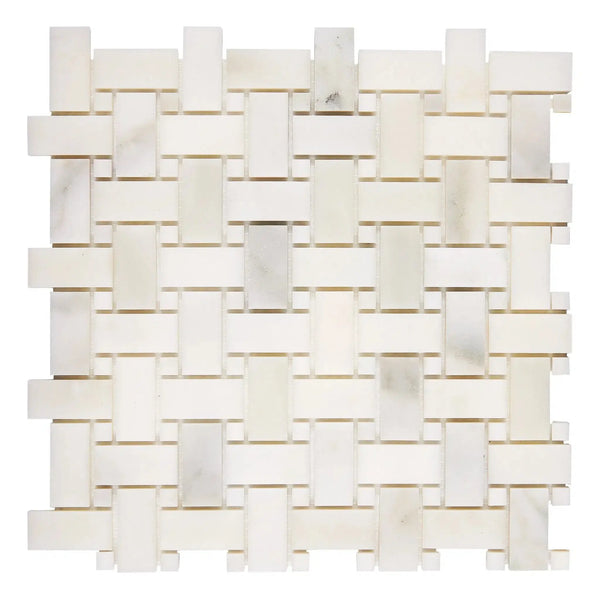 Woven white marble tile showcasing Calacatta Oliva in polished or honed finish