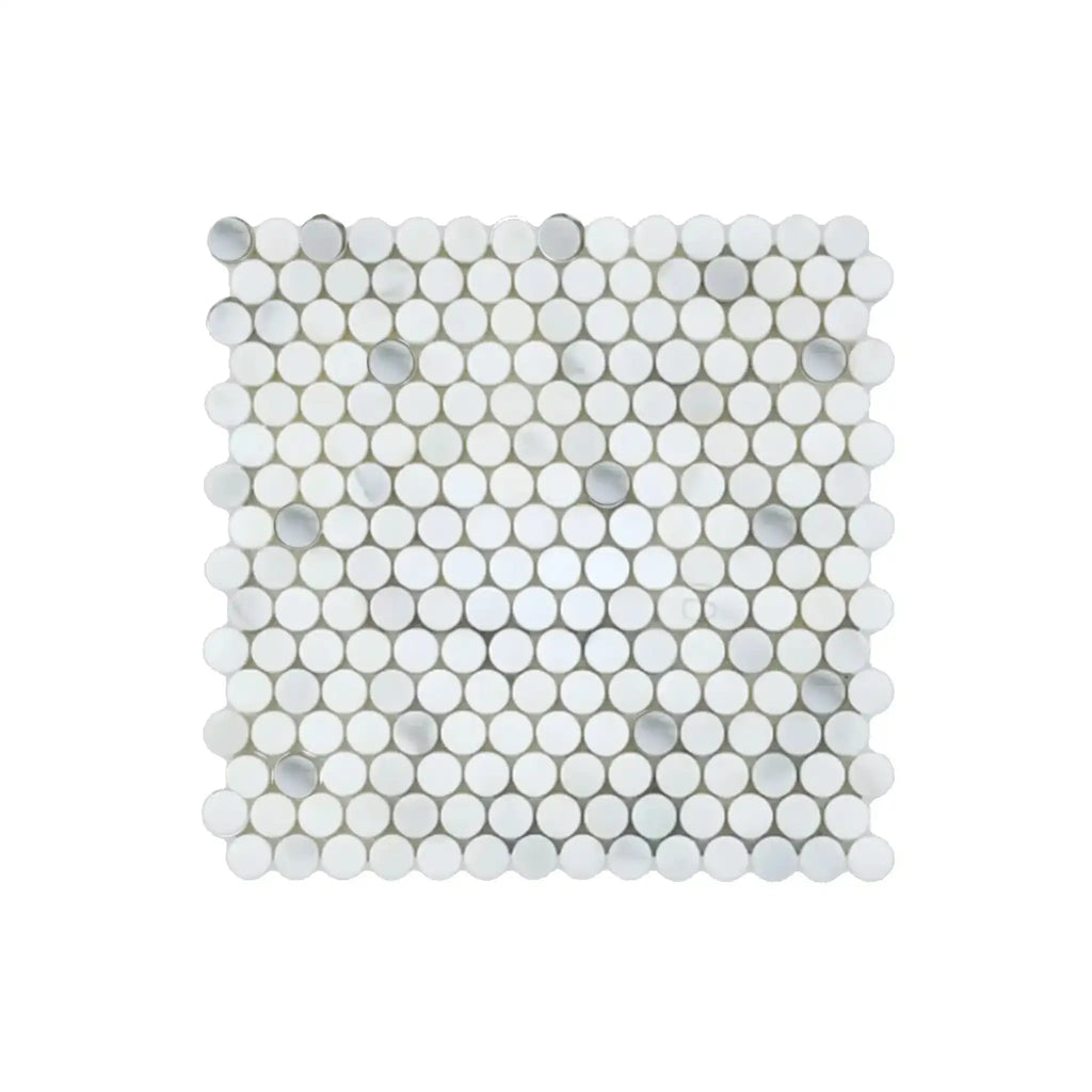 White and gray penny tile sheet from Calacatta Oliva Marble Mosaic collection