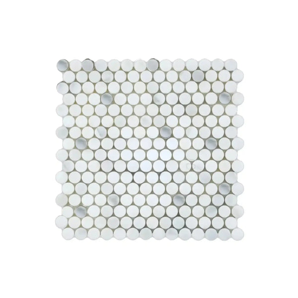 White and gray penny tile sheet from Calacatta Oliva Marble Mosaic collection