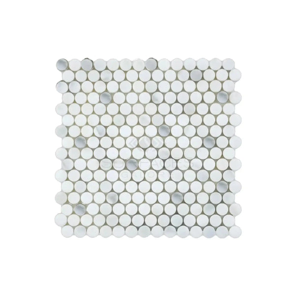 Calacatta Oliva Marble Penny Round Mosaic Tile in White and Gray Polished Finish