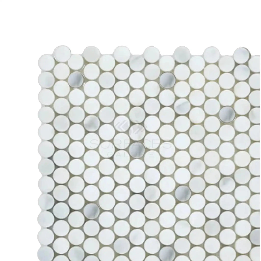 White penny tile sheet from Calacatta Oliva Marble Penny Round Mosaic Tile collection