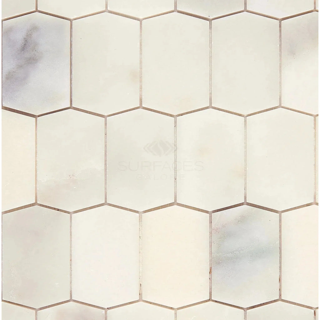 Off-white elongated hexagon tile pattern of Calacatta Oliva Marble Picket Mosaic Tile