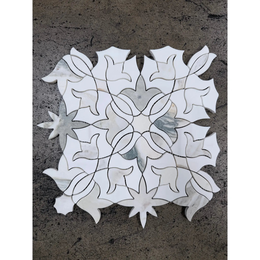 Calacatta verde royale blossom marble mosaic 12x12 honed white marble tile with intricate floral starburst patterns