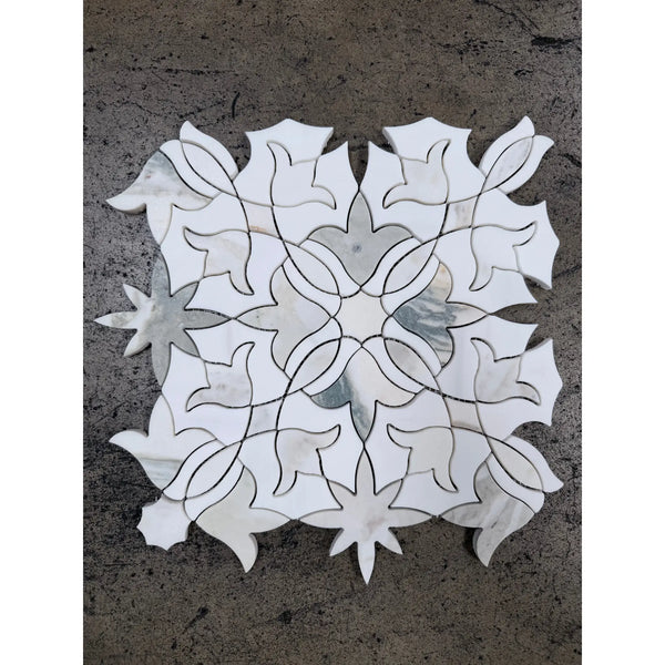 Calacatta verde royale blossom marble mosaic 12x12 honed white marble tile with intricate floral starburst patterns