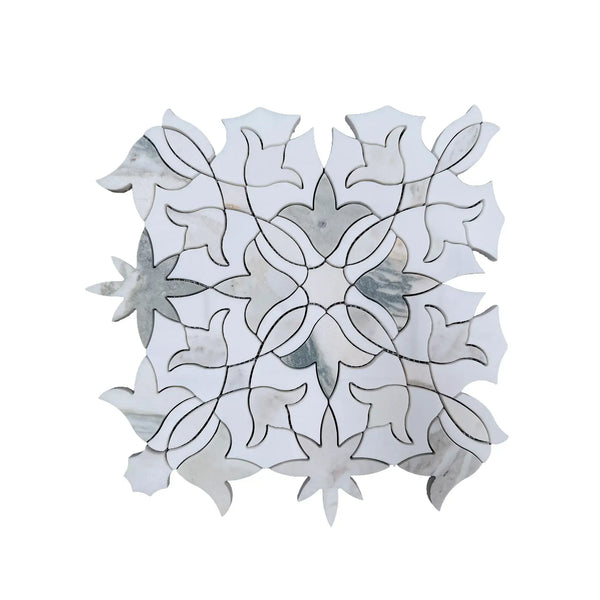 Calacatta Verde Royale Blossom Marble Mosaic 12x12 honed white marble tile with intricate floral and leaf starburst patterns
