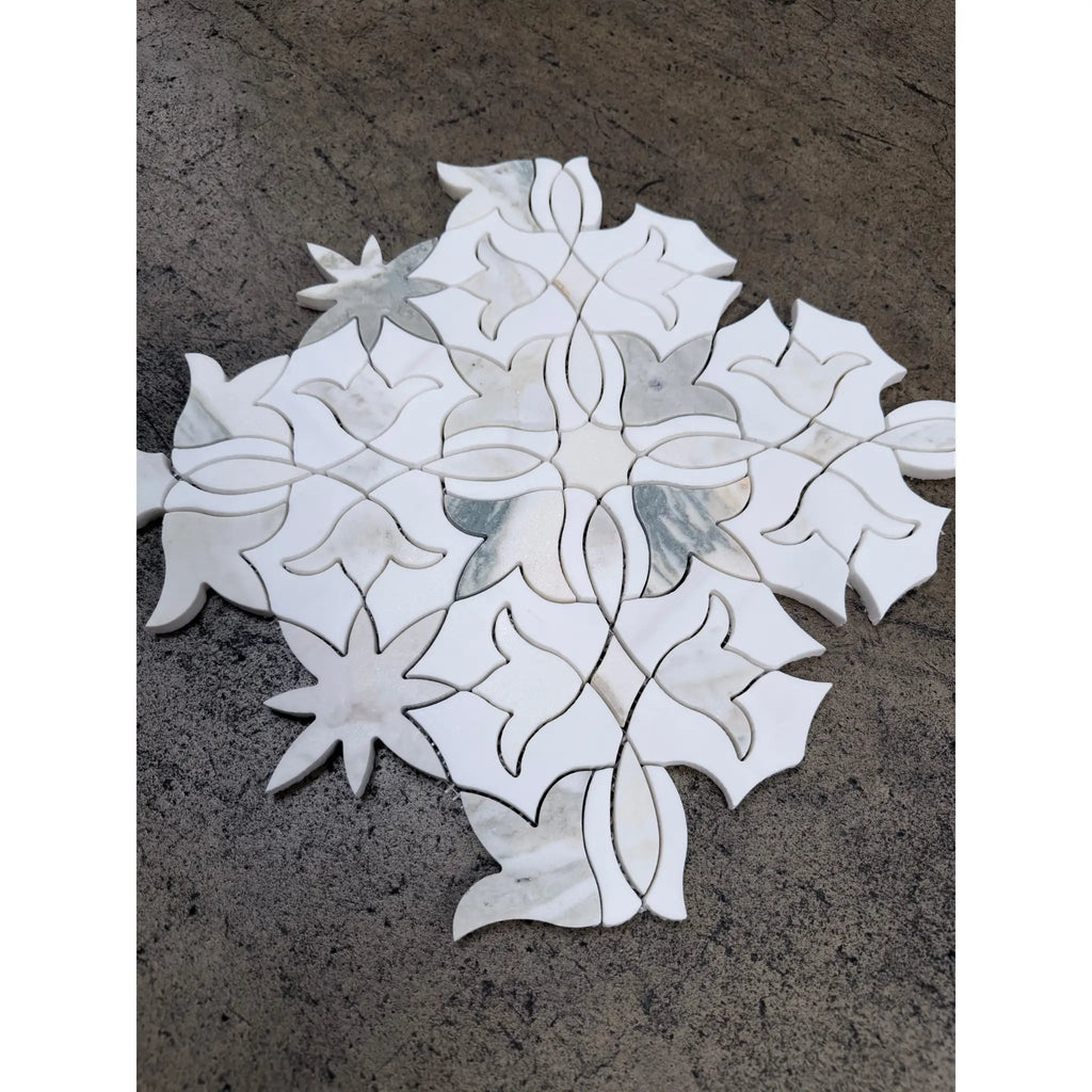 Calacatta Verde Royale Blossom 12x12 honed marble mosaic tile with white floral patterns and subtle gray veining