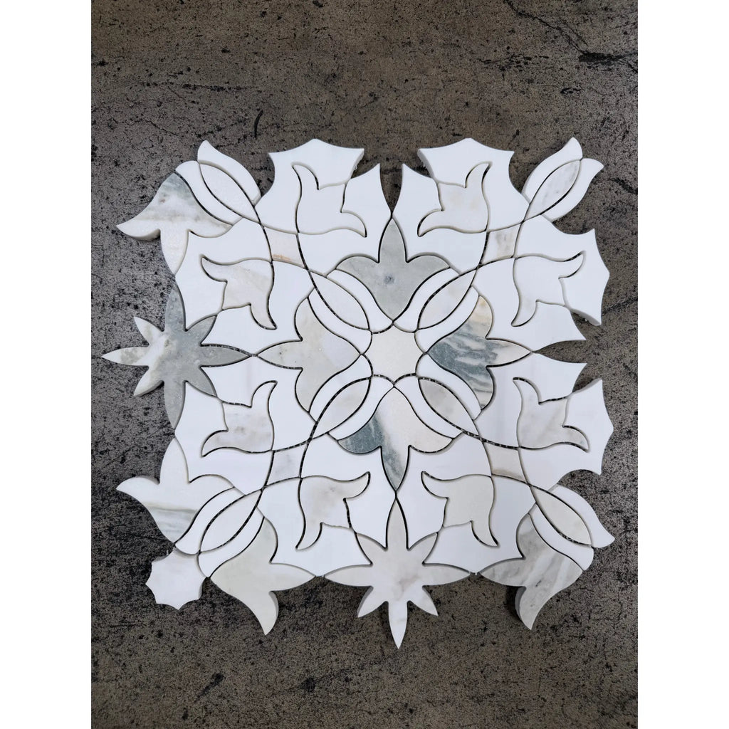 Calacatta Verde Royale Blossom marble mosaic tile 12x12 honed white with intricate floral patterns and subtle gray veining