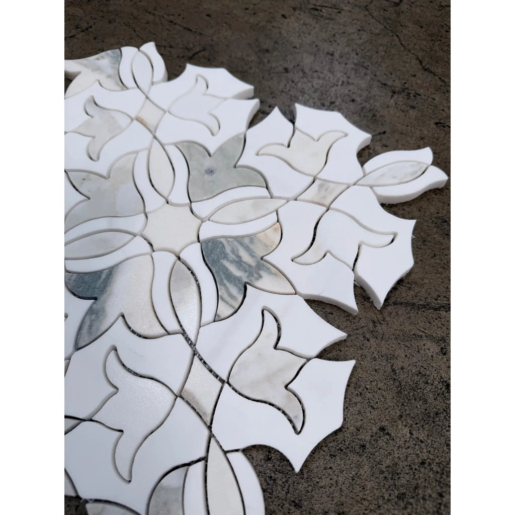 Calacatta verde royale blossom marble mosaic 12x12 honed tile with white and gray marble floral design