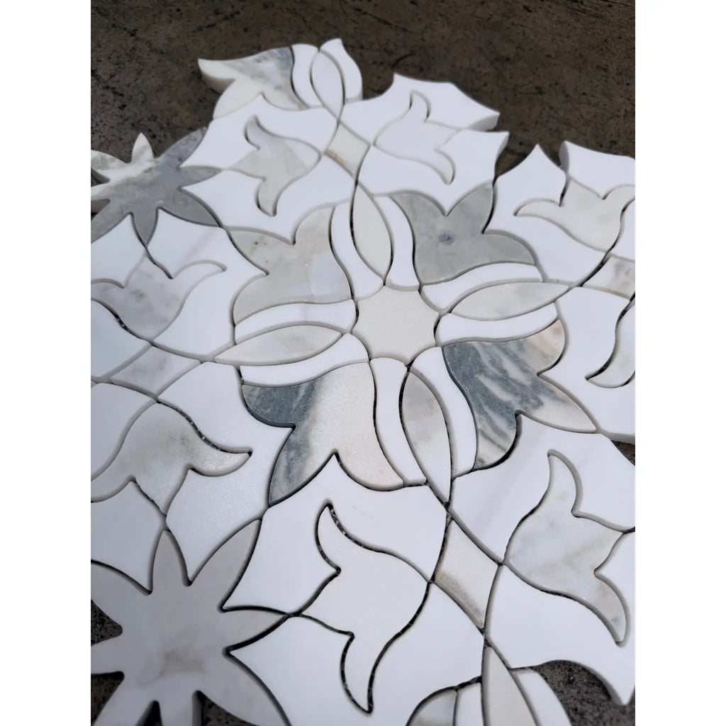 Calacatta verde royale blossom marble mosaic 12x12 honed tile with white and gray leaf pattern in radial design