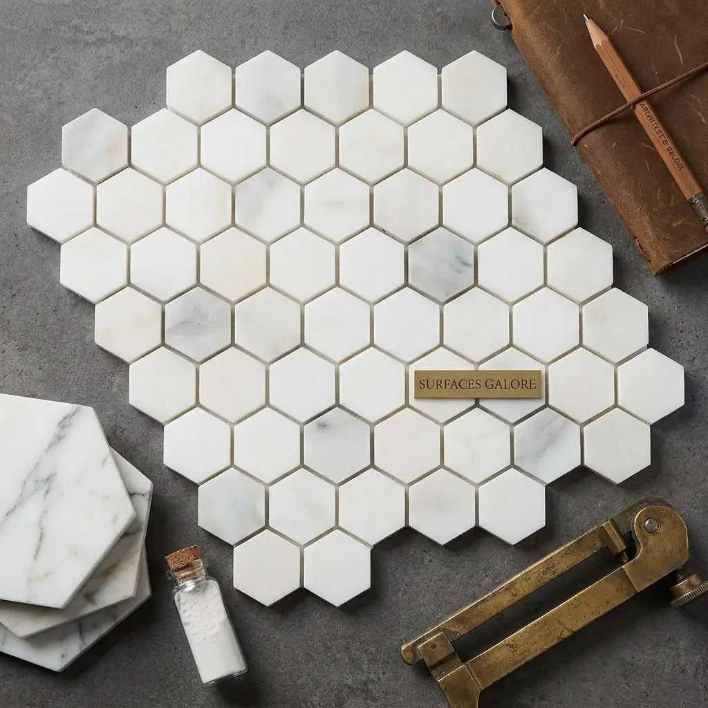Calacatta verde royale marble 1 1/4x1 1/4 white hexagon mosaic tile with subtle gray veining polished and honed