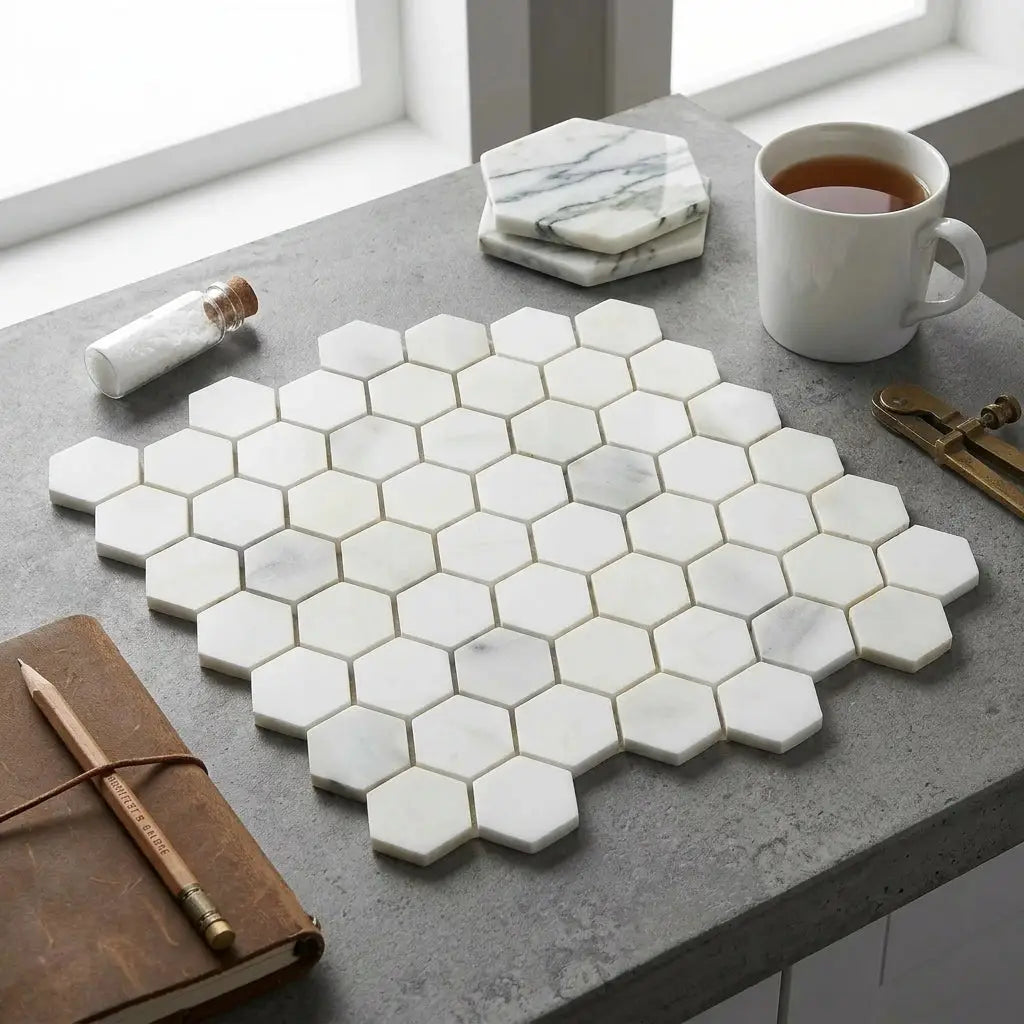 Calacatta verde royale marble white hexagonal mosaic tile set polished or honed 1 1/4x1 1/4 size
