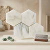 White marble calacatta verde royale 10 inch hexagon mosaic tile with subtle gray veining in modern geometric pattern