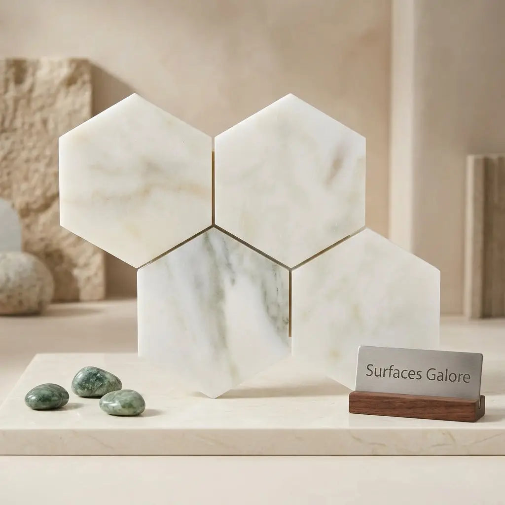 White marble calacatta verde royale 10 inch hexagon mosaic tile with subtle gray veining in modern geometric pattern