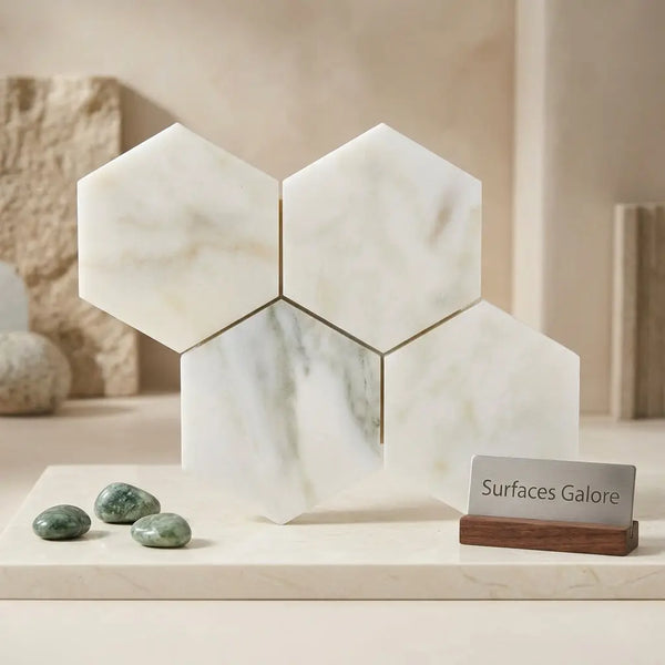 White marble calacatta verde royale 10 inch hexagon mosaic tile with subtle gray veining in modern geometric pattern