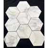 Calacatta Verde Royale white hexagonal marble mosaic tile with gray veining, polished or honed