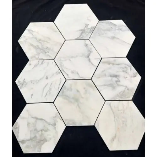 Calacatta Verde Royale white hexagonal marble mosaic tile with gray veining, polished or honed