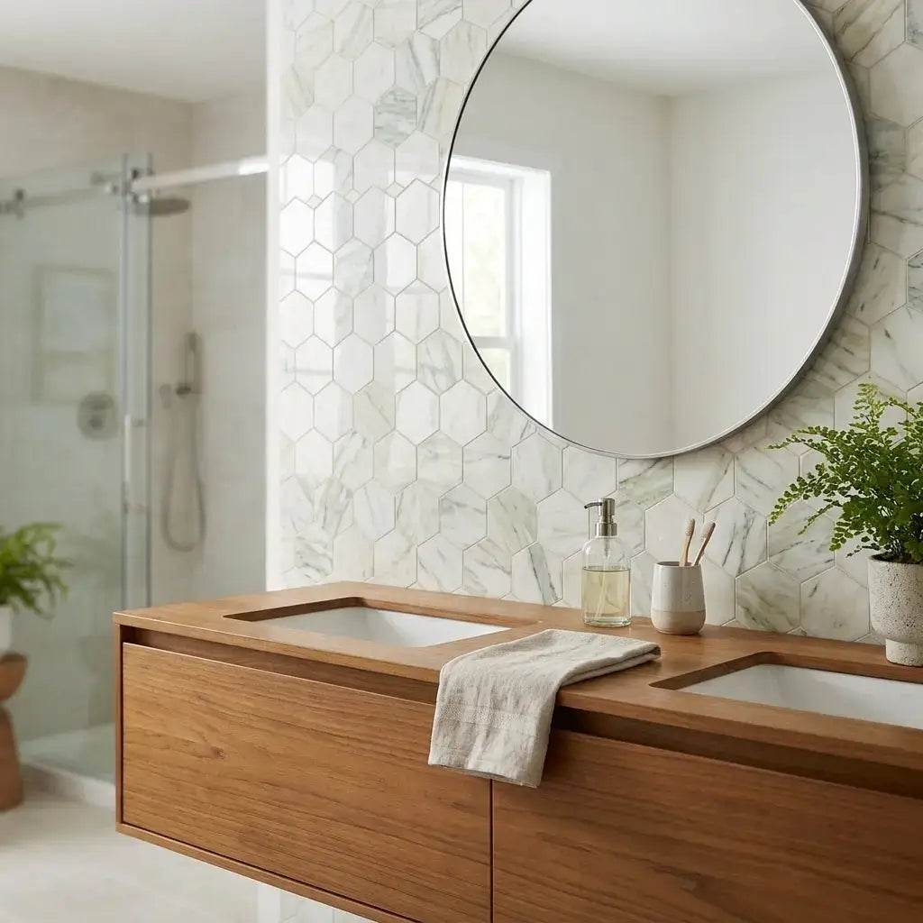 A sleek floating wooden vanity with dual white sinks shown with calacatta verde royale marble 10 inch hexagon mosaic tile