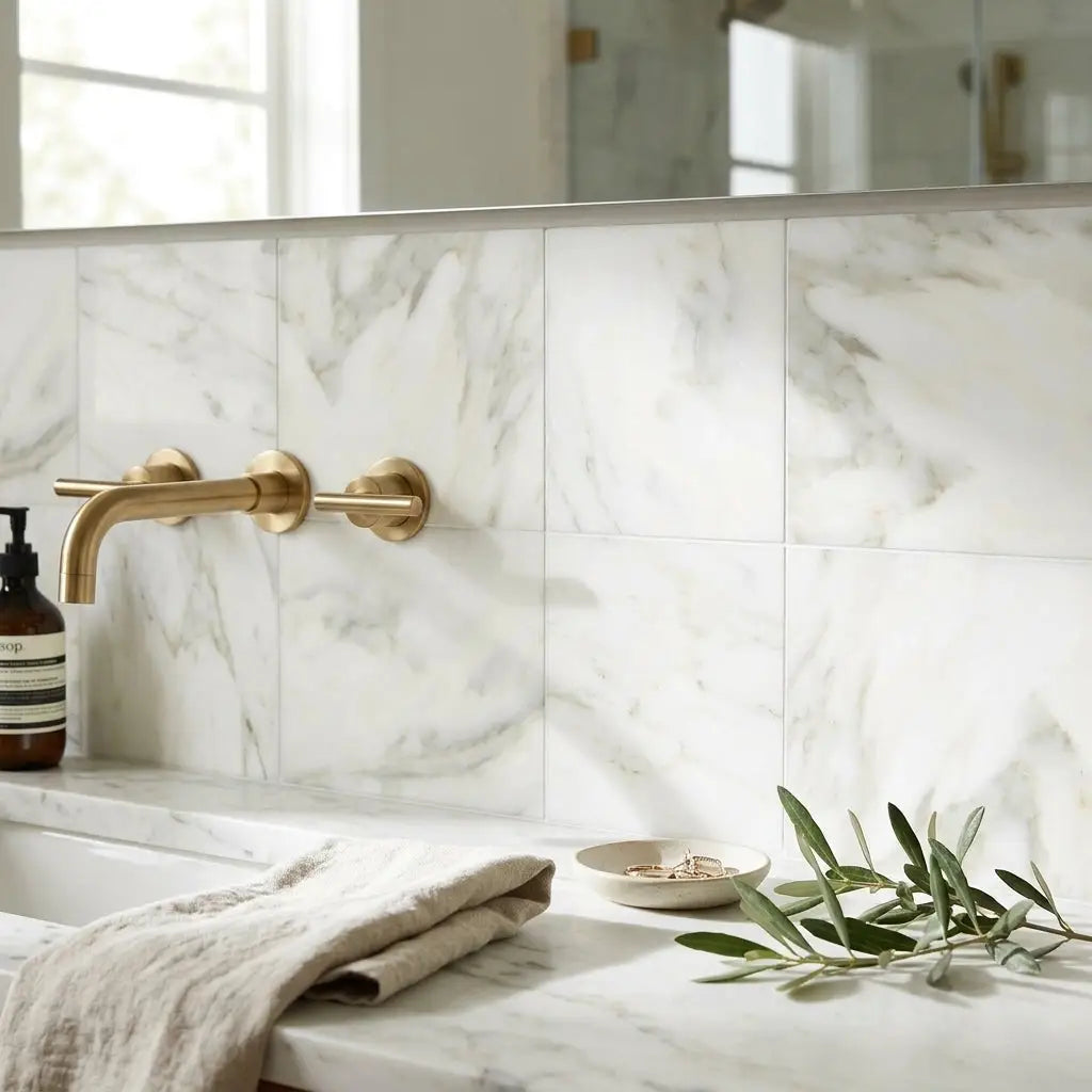 Gold-toned wall-mounted faucet with sleek modern design installed above calacatta verde royale marble 12x12 polished tile