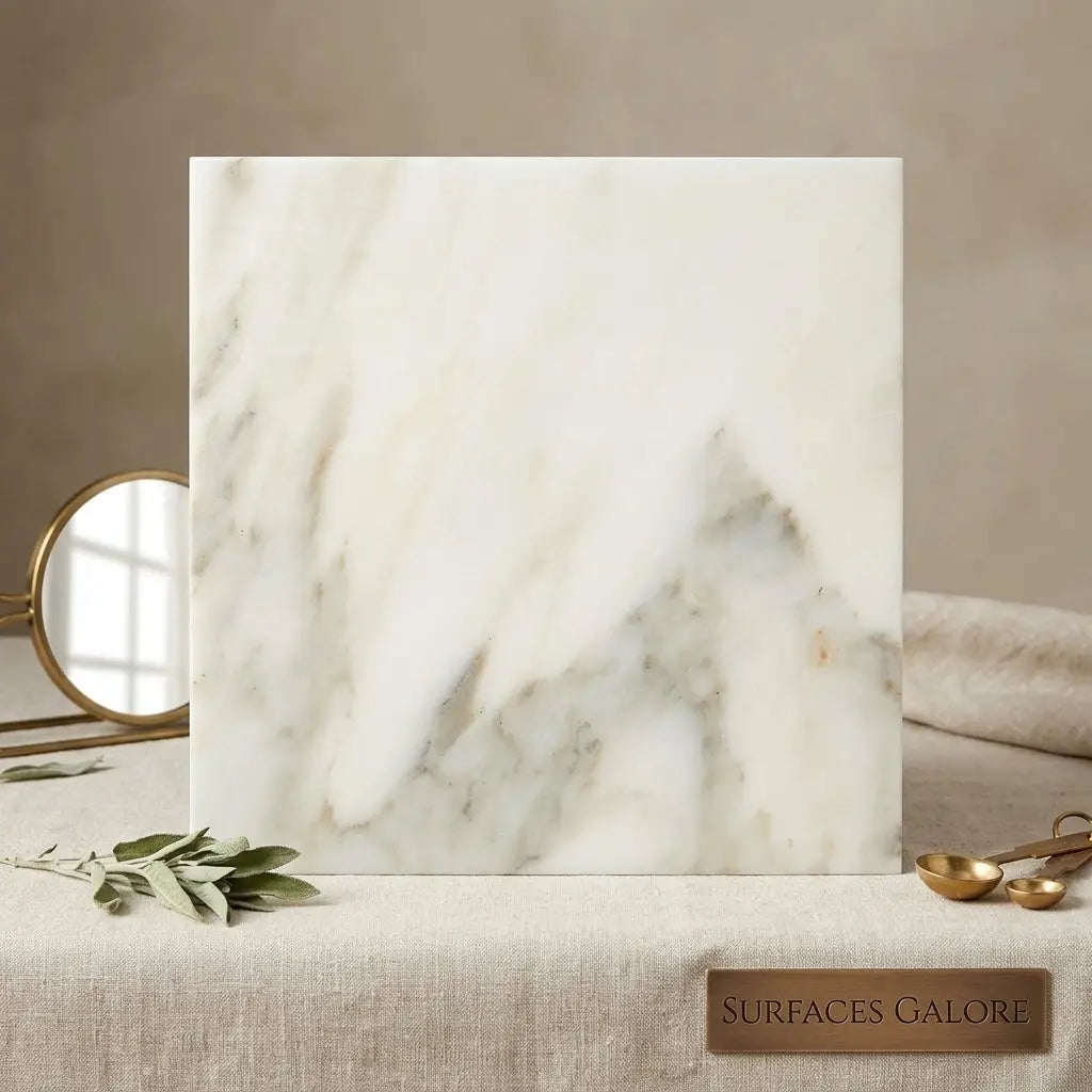 A sleek 12x12 polished or honed calacatta verde royale marble tile with white base and subtle gray veining
