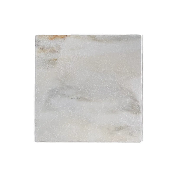 A square white calacatta verde royale marble 12x12 tile coaster with subtle gray veining and a textured surface