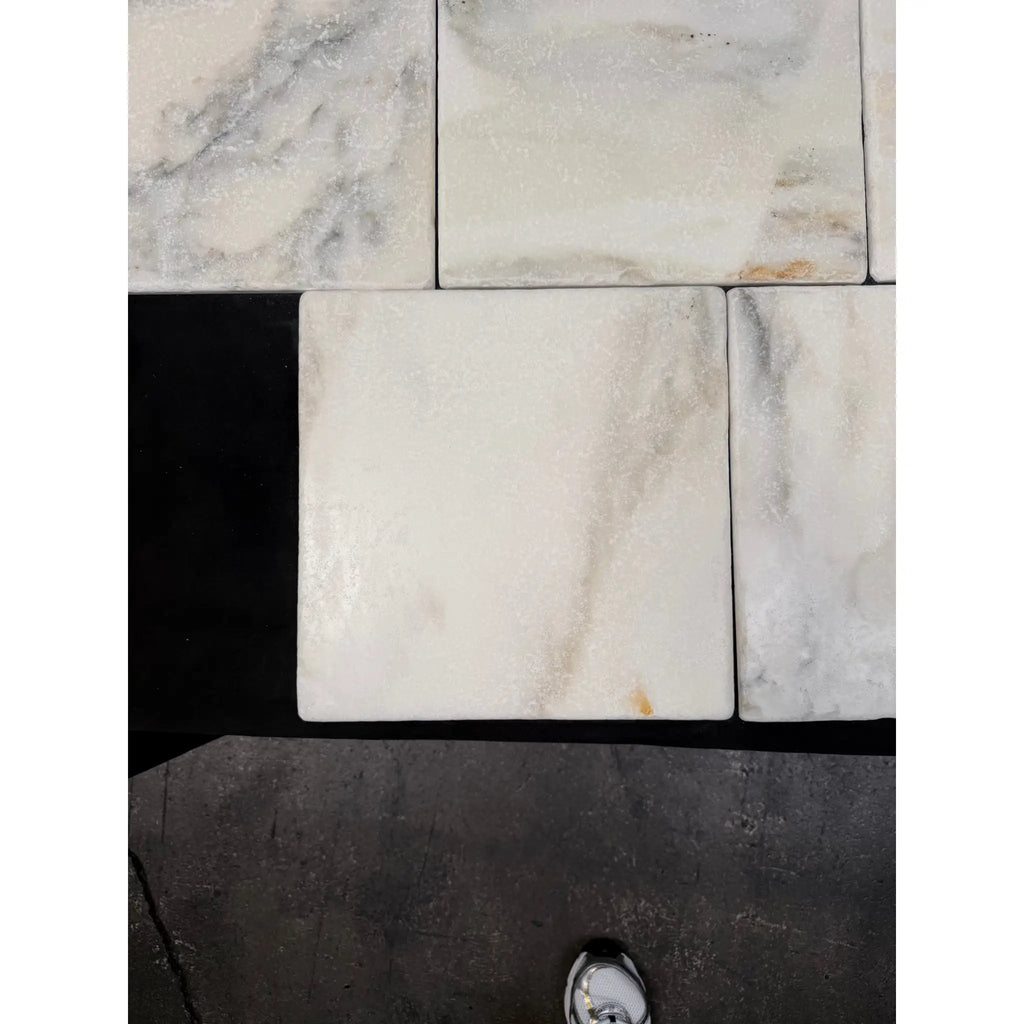 Calacatta verde royale marble 12x12 tile tumbled with white marble and subtle gray veining polished surface