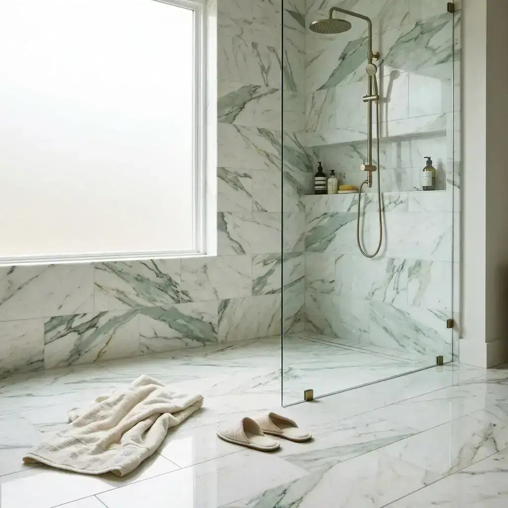A modern showerhead with a sleek brushed metallic finish and curved design complements calacatta verde royale marble tile