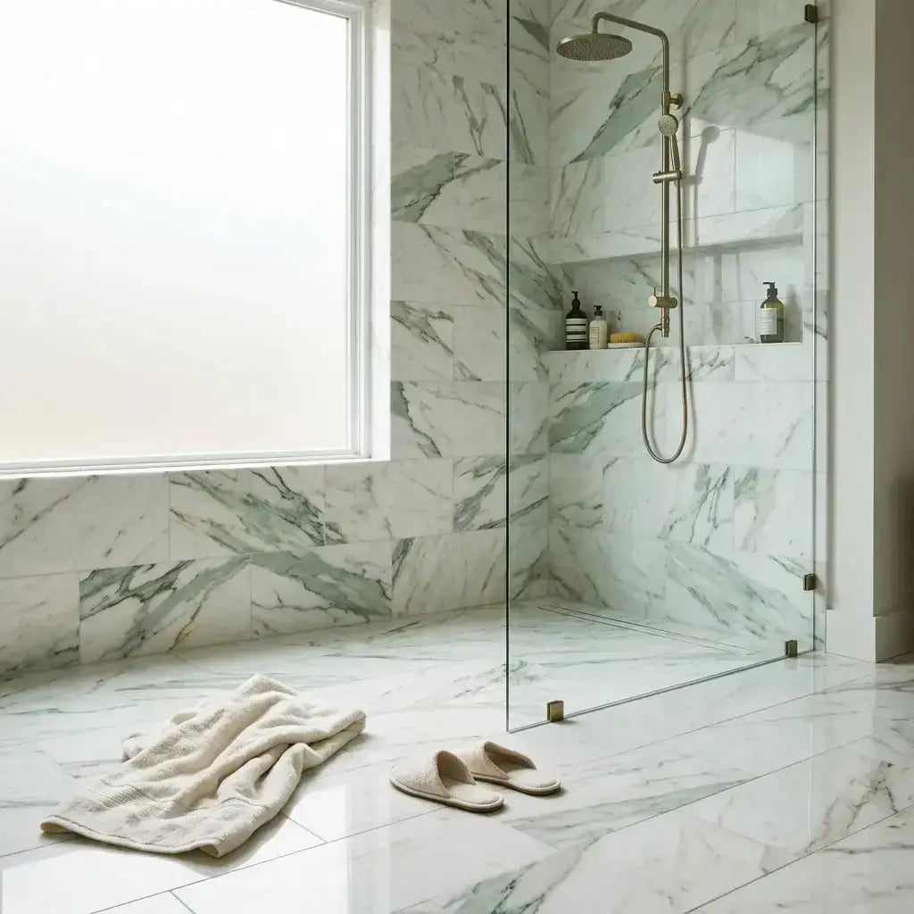 A modern showerhead with a sleek brushed brass finish and adjustable hose paired with calacatta verde royale marble 12x24 tile polished or honed