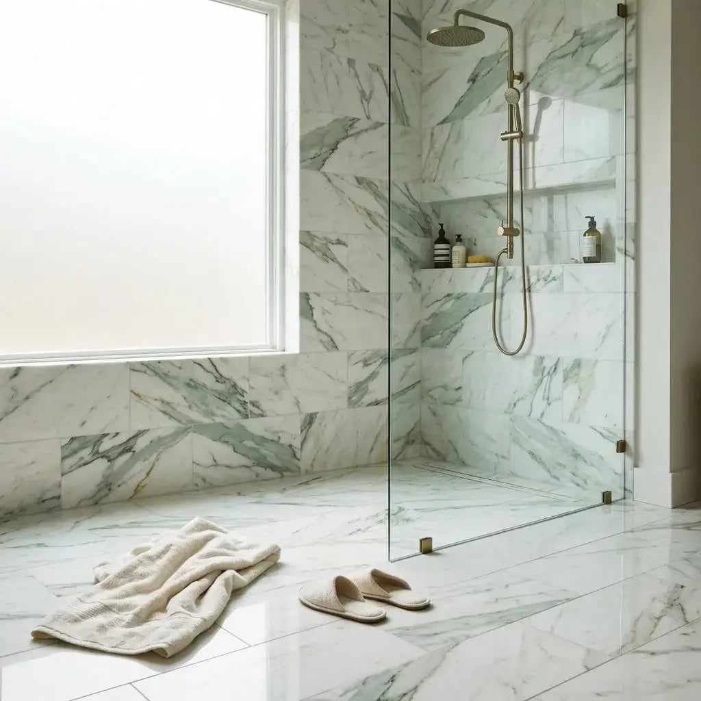 Modern showerhead with sleek brushed brass finish and integrated rain-style head complementing calacatta verde royale marble tile