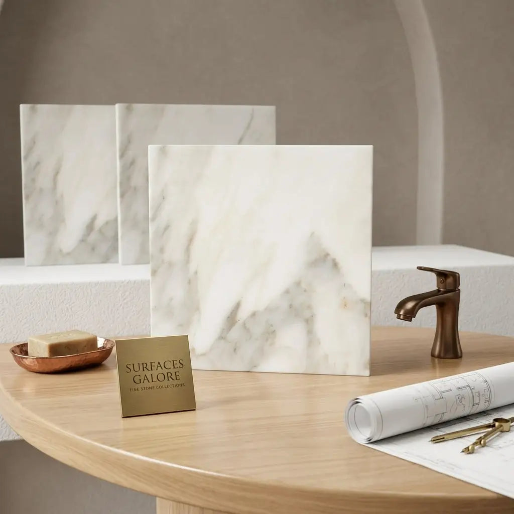 White marble calacatta verde royale 18x18 tile with subtle gray veining displayed on wooden table polished or honed