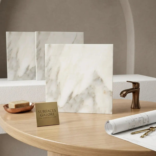 White marble calacatta verde royale 18x18 tile with subtle gray veining displayed on wooden table polished or honed