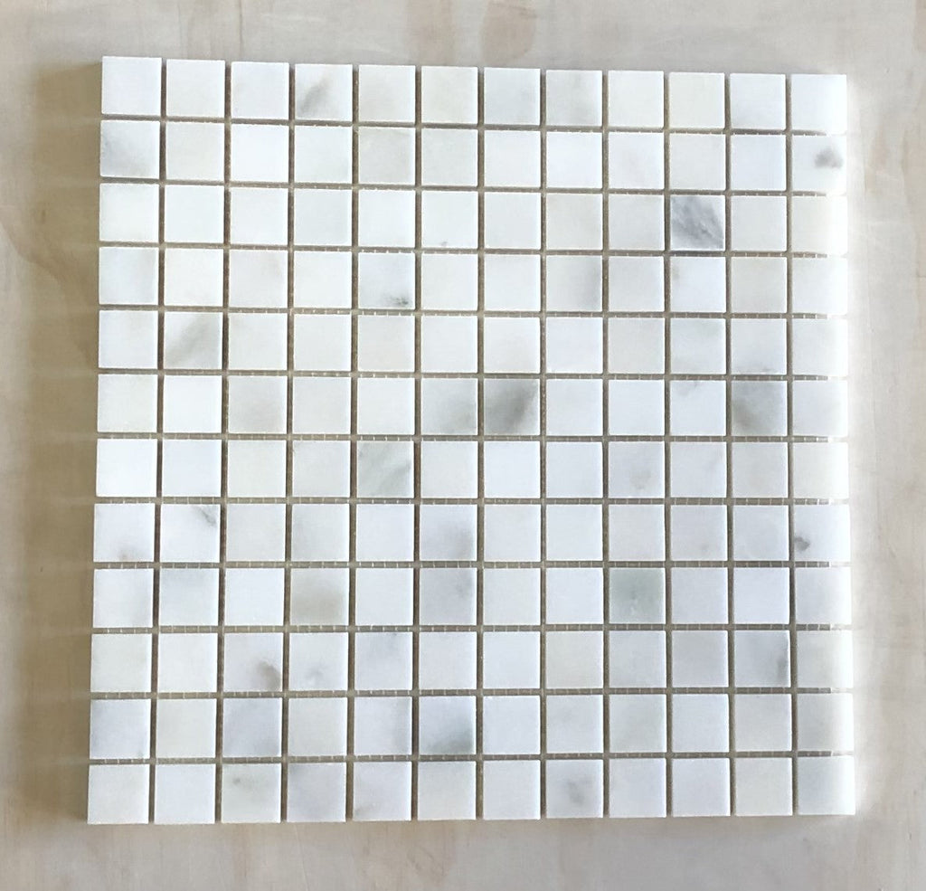 Calacatta Verde Royale marble 1x1 mosaic tile with gray veining, polished