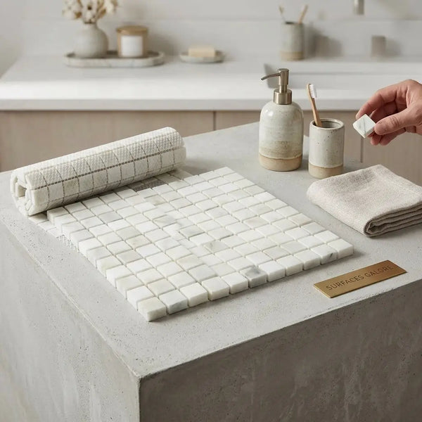 White marble calacatta verde royale 1x1 mosaic tile sheet with subtle veining laid on a concrete countertop
