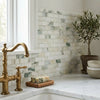 White marble subway tile backsplash with subtle green veining calacatta verde royale marble 1x2 brick mosaic tile polished or honed