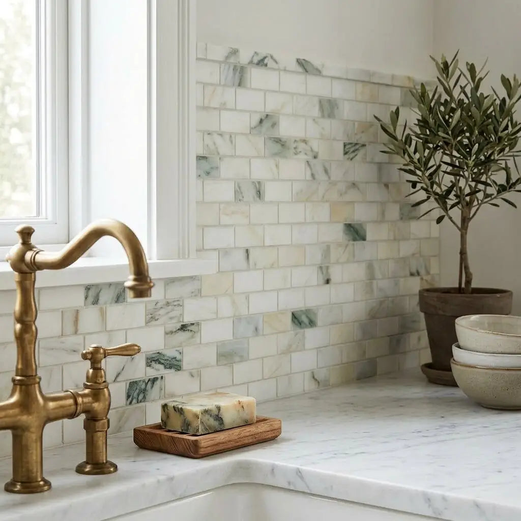 White marble subway tile backsplash with subtle green veining calacatta verde royale marble 1x2 brick mosaic tile polished or honed