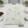 Calacatta verde royale marble 1x2 brick mosaic tile polished with white marble subway tiles and subtle gray veining