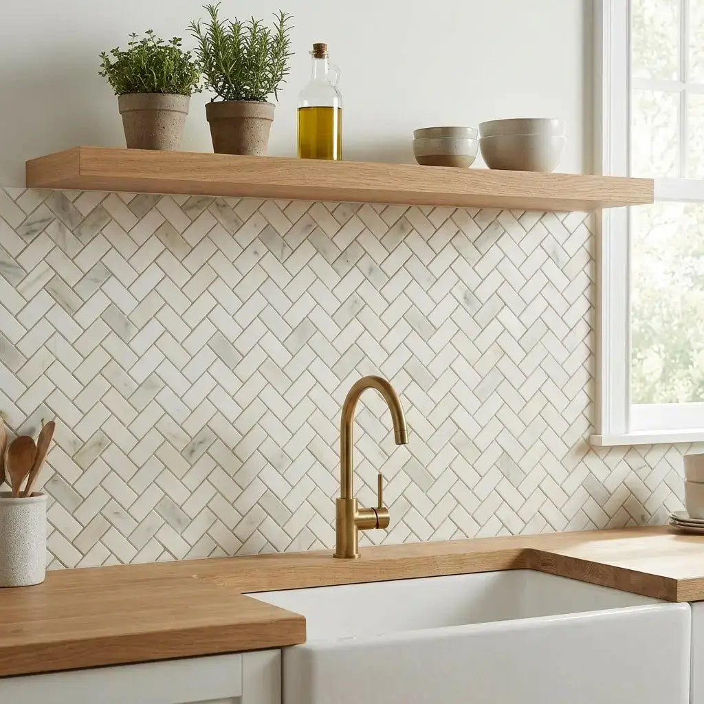 Gold-toned gooseneck kitchen faucet with sleek curved spout and single lever handle installed over calacatta verde royale marble herringbone mosaic tile