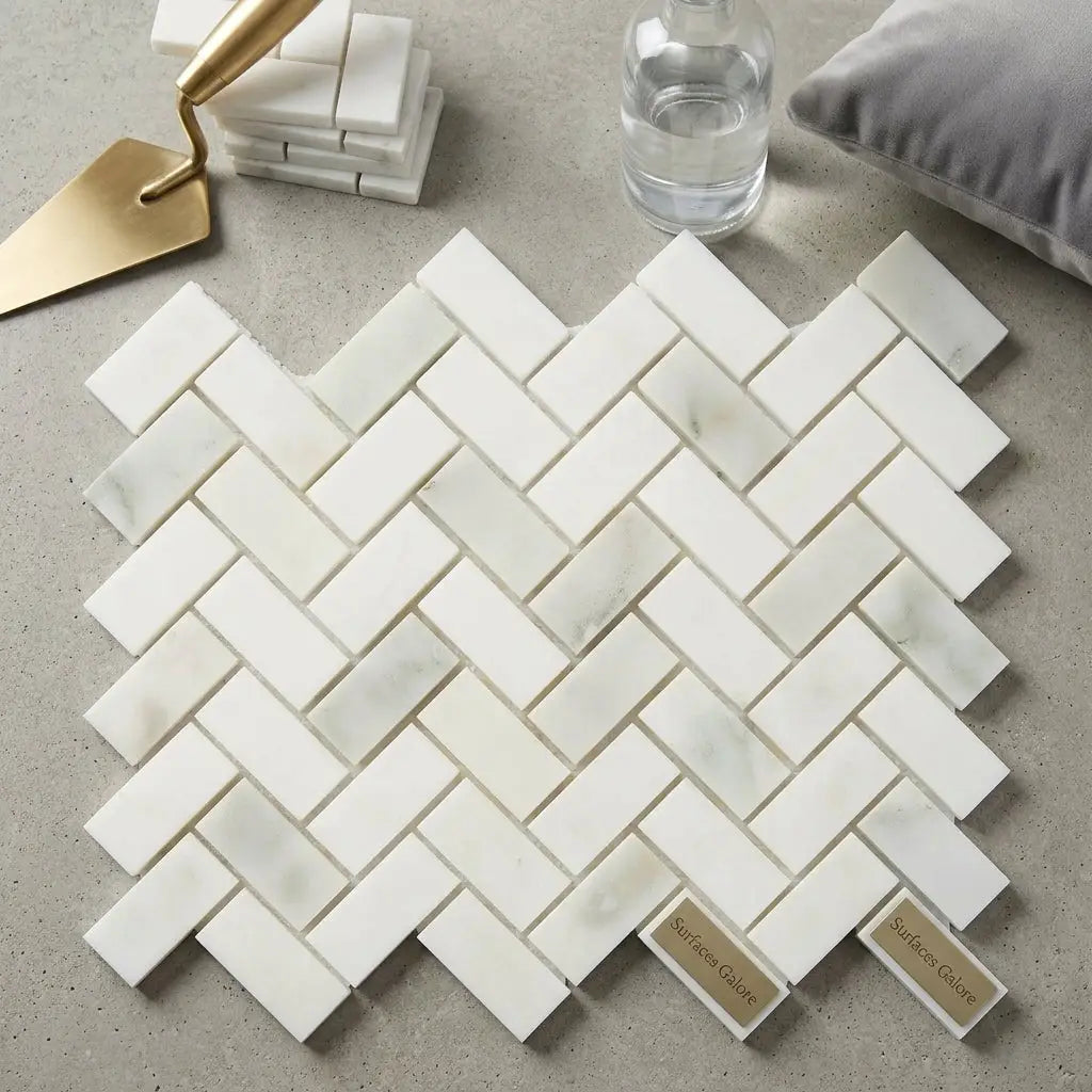 White marble mosaic tile in calacatta verde royale with 1x2 polished or honed herringbone pattern