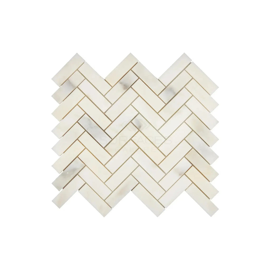 Calacatta Oliva Marble 1X3 Herringbone Mosaic Tile showcasing elegant marble pattern