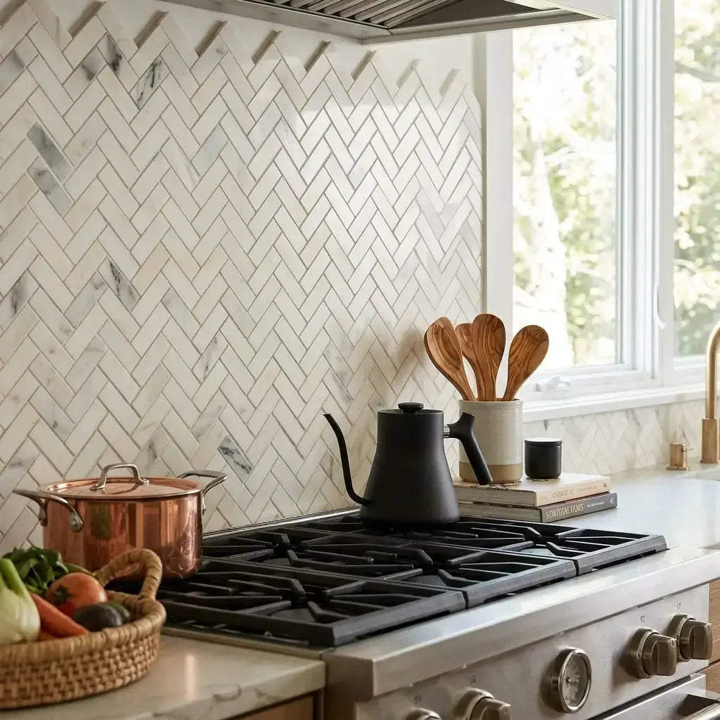 Black ceramic pour-over coffee kettle with matte finish shown with Calacatta Verde Royale marble herringbone mosaic tile