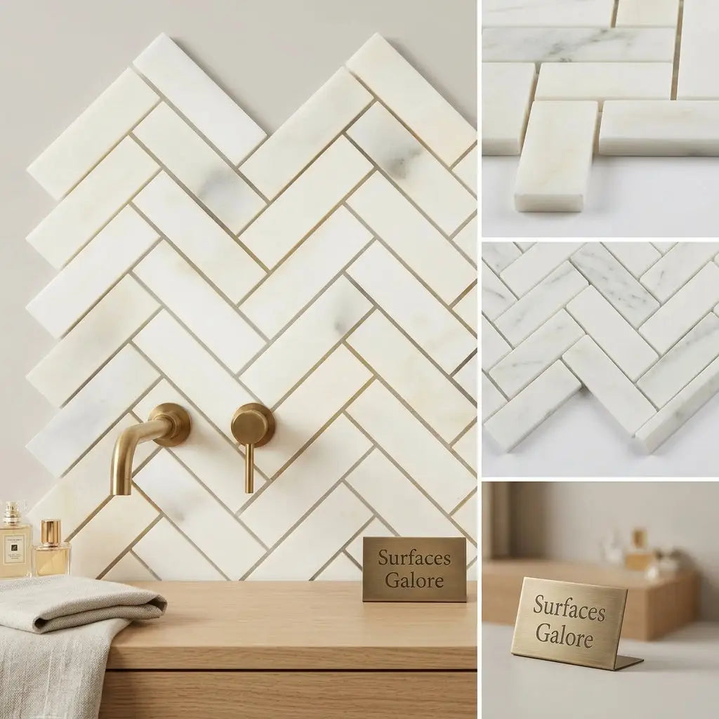 Calacatta verde royale marble 1x3 polished herringbone mosaic tile with white and gray veining in a herringbone pattern